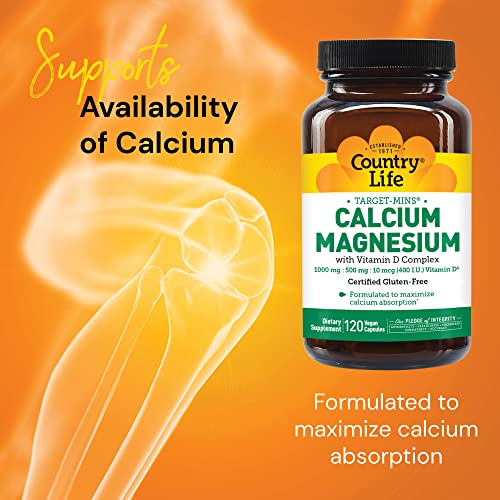 Country Life Target-Mins Calcium Magnesium with Vitamin D-Complex, 1000mg/500mg/10mcg, 120 Vegan Capsules, Certified Gluten Free, Certified Vegan, Verified Non-GMO Verified