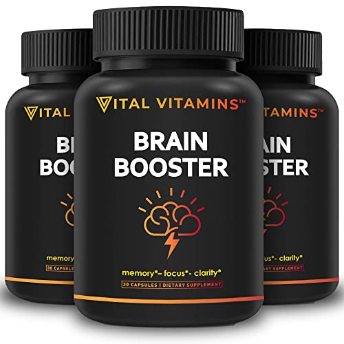 Vital Vitamins Brain Booster (3-Pack) - Memory, Focus, & Concentration - Nootropics Brain Support Supplement - for Adult Men & Women - w/Ginkgo Biloba, DMAE, Vitamin B12 - Energy Supplements
