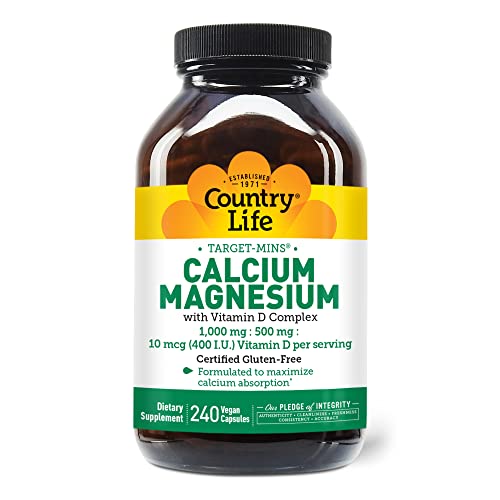 Country Life Target-Mins Calcium Magnesium with Vitamin D-Complex, 1000mg/500mg/10mcg, 240 Vegan Capsules, Certified Gluten Free, Certified Vegan, Verified Non-GMO Verified