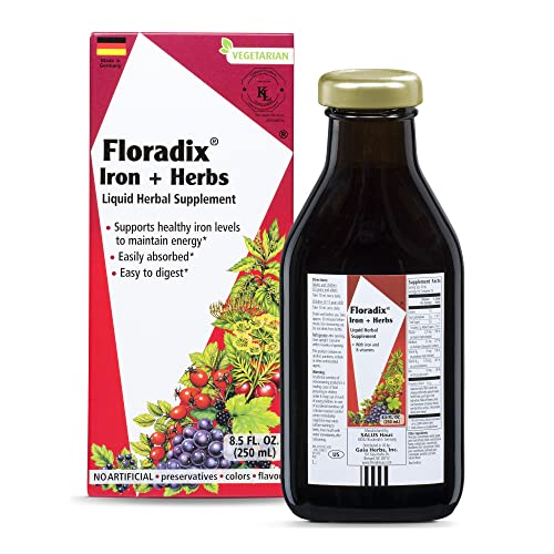 Floradix, Iron & Herbs Vegetarian Liquid Supplement, Energy Support for Women and Men, Easily Absorbed, Non-GMO, Vegetarian, Kosher, Lactose-Free, Unflavored, 8.5
