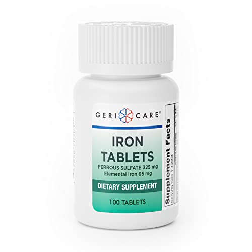 GeriCare Iron Tablets, Ferrous Sulfate Tablets 325mg, Elemental Iron 65 mg Dietary supplement (100 Tablets)