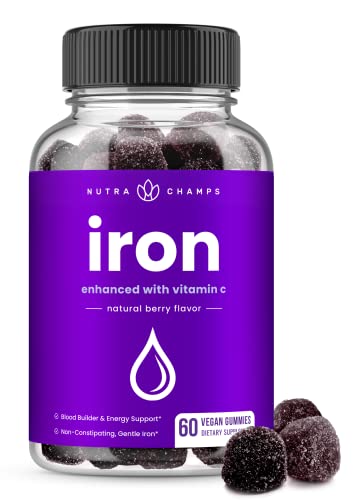 Iron Gummies | 20mg Iron Gummies for Women, Men & Kids with Vitamin C | 120 Blood Builder Iron Supplement Gummies | Vegan Iron Gummy for Iron Deficiency & Anemia | Energy, Focus, Immune Boost