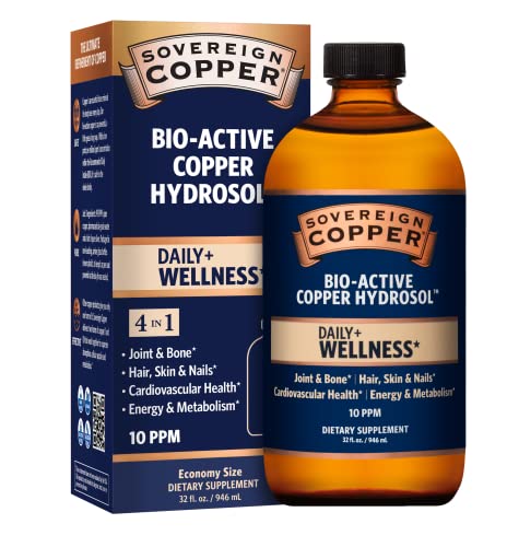 Sovereign Copper Bio-Active Colloidal Copper Hydrosol, Daily+ 4-in-1 Wellness Supplement for Joint and Bone*, Hair, Skin and Nails*, Cardiovascular Health* and Energy and Metabolism Support*, 32oz
