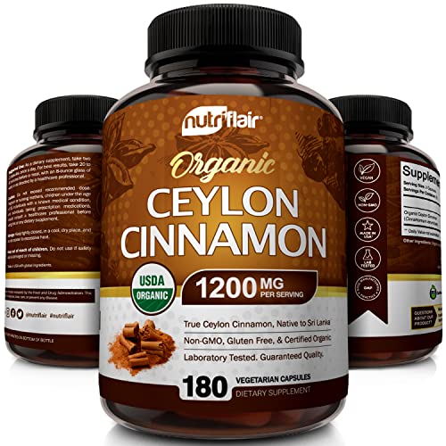 NutriFlair Organic Ceylon Cinnamon Supplement 1200mg, 180 Capsules - USDA Certified Organic Cinnamon - Non-GMO, Gluten Free Cinnamon Powder, Antioxidant Cinnamon Pills - Supports Glucose Metabolism