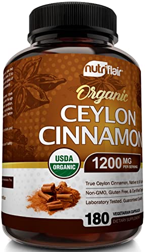 NutriFlair Organic Ceylon Cinnamon Supplement 1200mg, 180 Capsules - USDA Certified Organic Cinnamon - Non-GMO, Gluten Free Cinnamon Powder, Antioxidant Cinnamon Pills - Supports Glucose Metabolism