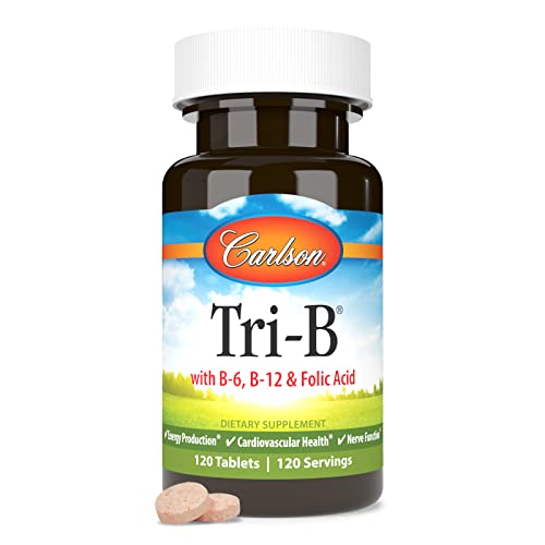 Carlson - Tri-B, Vitamin B Complex, 25 mg Vitamin B-6, 400 mcg Vitamin B-12, Folic Acid Energy Pills, Promote Cardiovascular Health, B Complex Vitamins, B12 Supplement, B Vitamin Complex, 120 Tablets