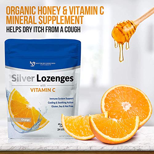 Silver Lozenges with Vitamin C - Premium Nano Silver 60 PPM Colloidal Silver, Organic Honey and Vitamin C Mineral Supplement Drops to Support Immune System, Soothe Cough & Throat - Pack of 4