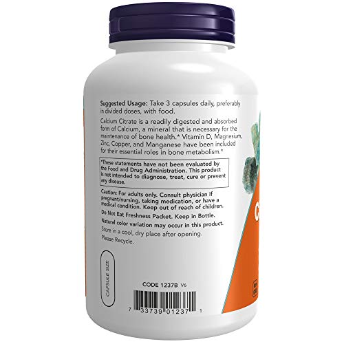 NOW Supplements, Calcium Citrate with Vitamin D, Magnesium, Zinc, Copper, and Manganese, 240 Veg Capsules