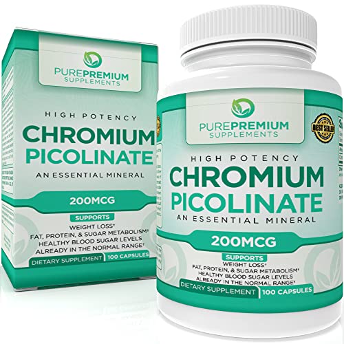 PurePremium Chromium Picolinate 200mcg, Gluten-Free, High Potency Chromium Supplement 100 Capsules
