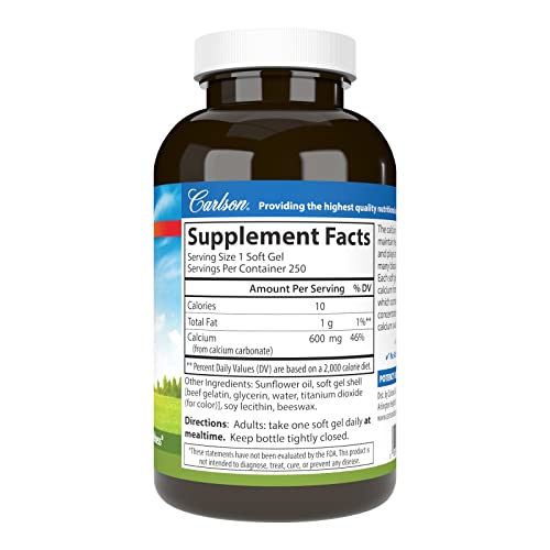Carlson - Cal-600, 600 mg Calcium, Bone Support, Healthy Teeth & Optimal Wellness, 250 Softgels