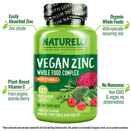 NATURELO Vegan Zinc Whole Food Complex Supplement with Vitamin C for Immune Support and Healthy Skin, Hair, and Nails - Twin Pack, 240 Capsules