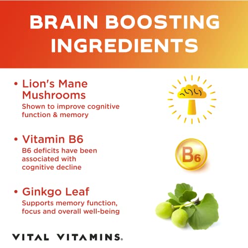 Vital Vitamins Brain Booster Plus – Brain Supplements for Memory & Focus – Nootropic Brain Support – Memory & Energy Supplements for Brain – Clarity & Brain Fog Pills – w/Lion’s Mane Mushrooms