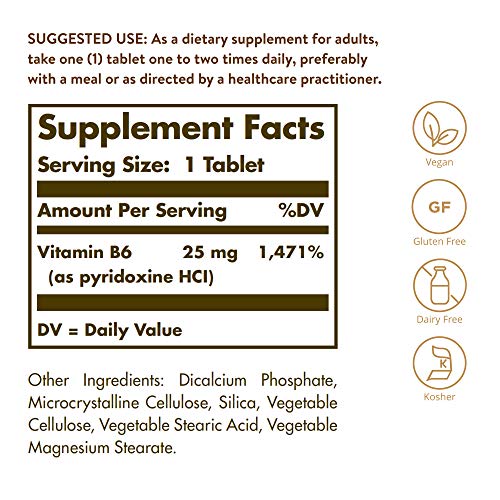 Solgar Vitamin B6 25 mg, 100 Tablets - Supports Energy Metabolism, Heart Health & Healthy Nervous System - B Complex Supplement - Vegan, Gluten Free, Dairy Free, Kosher - 100 Servings (Pack of 2)