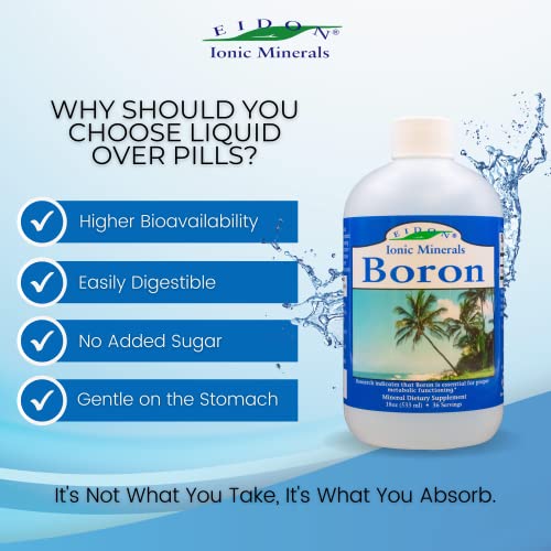 Eidon Liquid Boron - Ionic Liquid Boron, Essential Element Proper Metabolic Functioning, All Natural, Bioavailable, Ionic, Vegan, Gluten-Free, No Preservatives or Additives - 18 Ounce Bottle