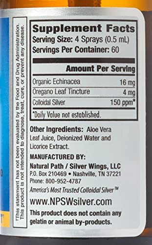 Natural Path Silver Wings Colloidal Silver 150ppm (750mcg) w/ Echinacea & Oregano Immune Support Supplement 1 fl. oz. spray