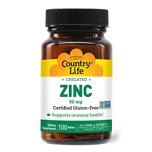Country Life Zinc 50mg, Amino Acid Chelate, 100 Tablets, Certified Gluten Free, Certified Vegan, Non-GMO Verified