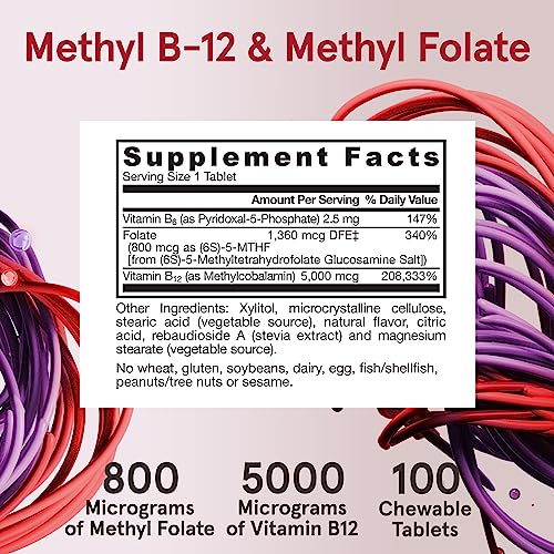 Jarrow Formulas Ultra Strength Methyl B-12 &Methyl Folate - 60 Chewable Tablets, Cherry Flavored - Bioactive Vitamin B12 & B9 - Non-GMO & Gluten Free (Pack of 12)