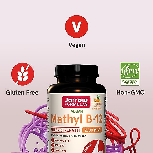 Jarrow Formulas Ultra Strength Methyl B-12 2500 mcg- 100 Chewable Tablets, Tropical Flavored Supplement- Bioactive Vitamin B12- Supports Cellular Energy Production- 100 Servings (PACKAGING MAY VARY)