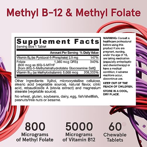Jarrow Formulas Ultra Strength Methyl B-12 &Methyl Folate - 60 Chewable Tablets, Cherry Flavored - Bioactive Vitamin B12 & B9 - Cellular Energy and Cardiovascular Support (PACKAGING MAY VARY)