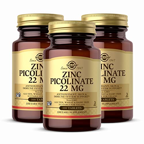 Solgar Zinc Picolinate 22 mg, 100 Tablets - Promotes Healthy Skin - Supports Immune System, Normal Taste & Vision - Antioxidant - Non GMO, Vegan, Gluten Free, Dairy Free, Kosher - 100 Servings