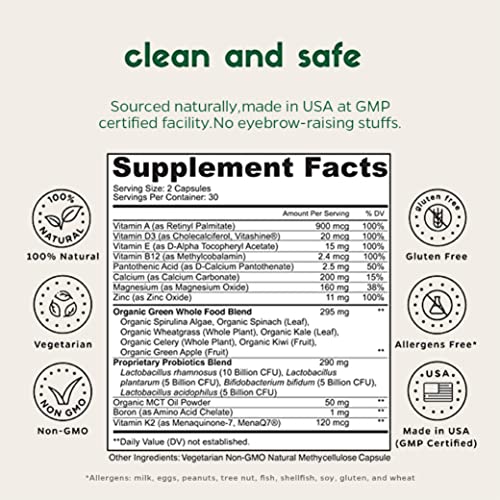 Zenkgo Men's Vitamins + Probiotics 25B CFU + Organic Whole Foods, Supports Energy, Immunity, Prostate Health, Daily Vitamins A, E, B5, B12, Vegan D3, K2 (MK-7), Minerals, Superfoods (60Ct/30Day)