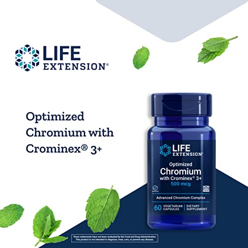 Life Extension Optimized Chromium with Crominex 3+ 500 mcg – Glucose and Cholesterol Management Supplement – Gluten-Free, Non-GMO - 60 Vegetarian Capsules