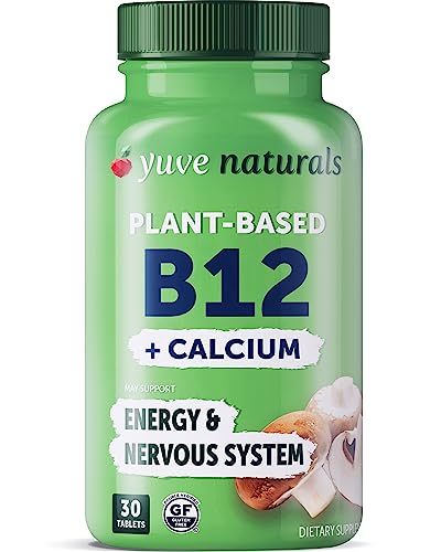 Yuve Vegan B12 with Calcium for Maximum Absorbption - Active Energy & Central Nervous System Support - 1000mcg Cobalamin Vitamin B 12 - Natural, Non-GMO, Gluten-Free, Sugar-Free - 30 Tabs