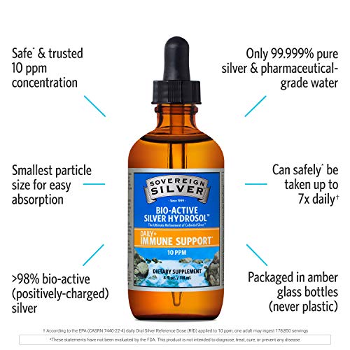 Sovereign Silver Bio-Active Silver Hydrosol for Immune Support - Colloidal Silver Liquid - 10 ppm, 4oz (118mL) - Dropper