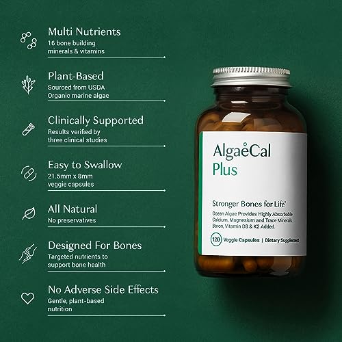 ALGAECAL Plus - Plant-Based Calcium Supplement with Vitamins D3, K2 (MK-7), Magnesium & Trace Minerals for Optimal Bone Support - 120 Veggie Caps