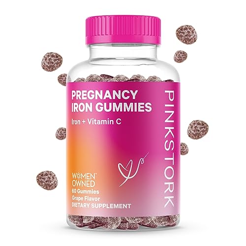 Pink Stork Prenatal Iron Supplement for Women, Grape Chewable Iron Gummies with Vitamin C, Pregnancy Must Haves, Prenatal Vitamins for Iron Deficiency, 60 Gummy Chews