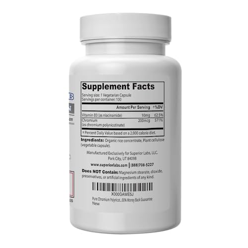 Pure Chromium Polynicotinate Supplement - Made in USA - 200mcg + Vitamin B3 for Optimal Absorption, Veggie Cap, 14 Week Supply