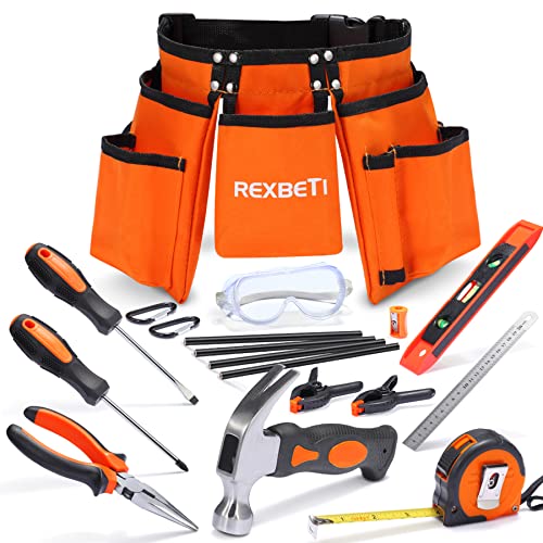 REXBETI 18pcs Young Builder's Tool Set with Real Hand Tools, Reinforced Kids Tool Belt, Waist 20"-32", Kids Learning Tool Kit for Home DIY and Woodworking
