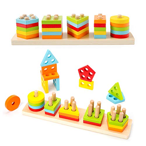 WOOD CITY Wooden Sorting & Stacking Toys for Toddlers, Educational Shape Color Recognition Puzzle Stacker, Early Childhood Development Puzzle Toys for 1 2 3 Year Old Boys Girls