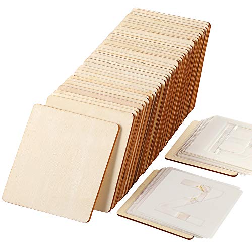 Caydo 50 Pieces Unfinished Square Wood Slices Blank 5 x 5 Inch with 28 Pieces Letter Stencils for Coasters, Pyrography, Painting, Writing and Home Decorations