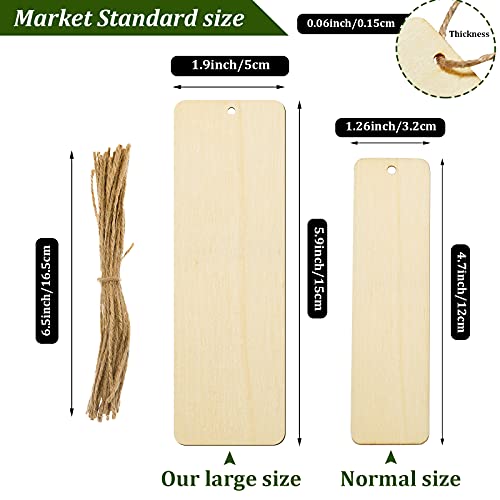 Large Size Wood Blank Bookmarks Rectangle Shape Blank Hanging Tags Unfinished Wooden Book Markers Ornaments with Holes and Ropes for DIY Crafts, Wedding Birthday Party Decors, 6 x 2 Inch (72 Sets)