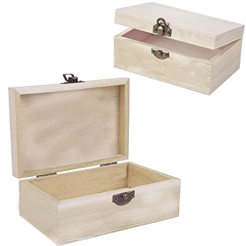 Wooden Box for Crafts - 2 Pcs Large Rectangle Unfinished Wood Boxes, Wood Craft Box with Hinged Lid and Front Clasp for DIY and Arts Hobbies