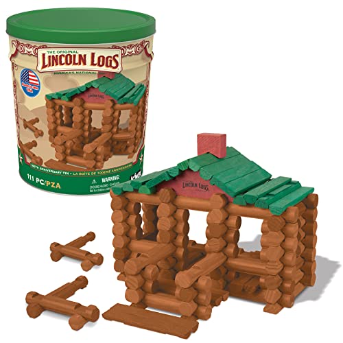 Lincoln Logs – 100th Anniversary Tin, 111 Pieces, Real Wood Logs - Ages 3+ - Best Retro Building Gift Set For Boys/Girls - Creative Construction Engineering - Preschool Education Toy