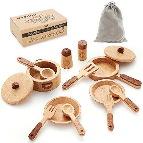 WHOHOLL Play Kitchen Accessories, Wooden Kitchen Sets for Kids, Toy Pots and Pans for Kids Kitchen, Toddler Cooking Toys for Kids Ages 3-5, Montessori Kitchen Tools for Boys Girls Gifts(Medium)