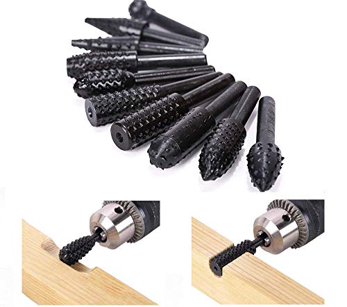 ASNOMY 10PCS Woodworking Twist Drill Bits, Wood Carving File Rasp Drill Bits 6.3mm(1/4") Shank Electrical Tools Woodworking Rasp Chisel Shaped Rotating Embossed Grinding Head with Storage Bag
