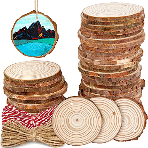 100PCS 2.4"-2.8" Natural Wooden Slices, Colovis Unfinished Wood Circles with Holes Tree Bark Round Log Discs DIY Crafts Hanging Ornaments (2.4"-2.8" 100Pcs, Natural)