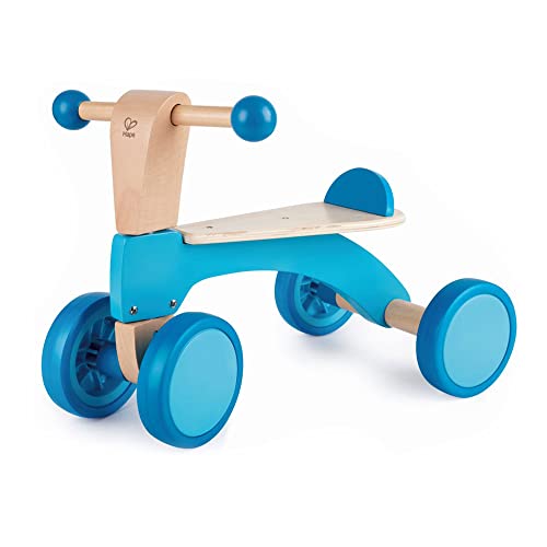 Hape Scoot Around Toddlers Babies Kids Ride On Wooden Push Balance Bike Scooter Toy Indoor Outdoor Activity No Pedals with 4 Rubberized Wheels, Blue