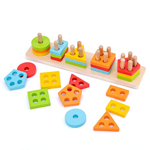 WOOD CITY Wooden Sorting & Stacking Toy, Shape Sorter Toys for Toddlers, Montessori Color Recognition Stacker, Early Educational Block Puzzles for 1 2 3 Years Old Boys and Girls (5 Shapes)
