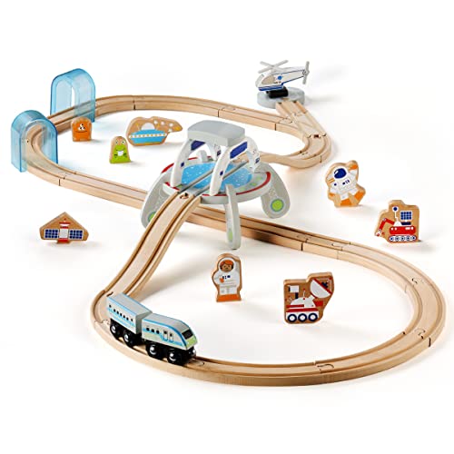 SainSmart Jr. Wooden Space Station Train Set, Wood Spaceship Theme with Astronaut, Alien and Helicopter for 3+ Kids and Toddlers