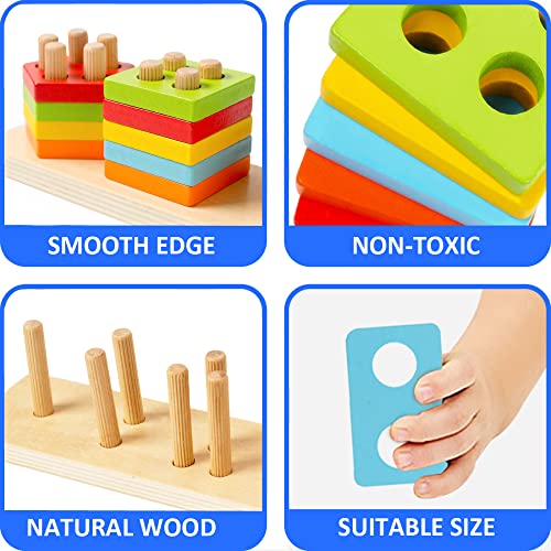 WOOD CITY Wooden Sorting & Stacking Toy, Shape Sorter Toys for Toddlers, Montessori Color Recognition Stacker, Early Educational Block Puzzles for 1 2 3 Years Old Boys and Girls (5 Shapes)