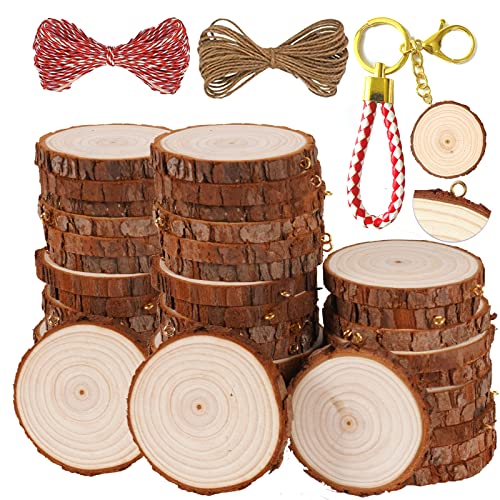 SENMUT Wood Slices 30 Pcs 2.0-2.45 inches Unfinished Wood Craft Natural Rounds Christmas Ornament Wooden Circles Pre-Installed Tree Slices with Small Eye Screws