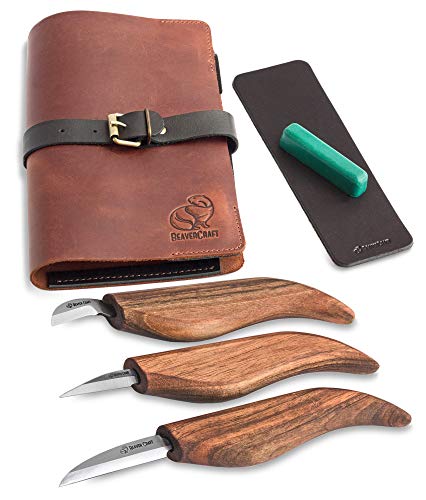 BeaverCraft Deluxe S15X Wood Carving Whittling Knives Set with Leather Case - Whittling Kit Premium Wood Carving Tools with Leather Strop and Polishing Compound - Chip Carving Knives Set