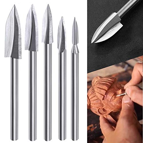 Wood Carving Tools, 5 PCS HSS Engraving Drill Bit Set Wood Crafts Grinding Woodworking Tool 1/8” Shank Universal Fitment for Rotary Tools