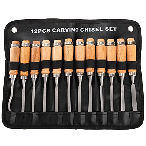 Dicunoy 12 PCS Wood Carving Tools, Gouges Woodworking Chisels, Full Size Wood Carving Knifes for Beginners, Hobbyists, Professionals, Artistic, Gifts for Him, Father's Day