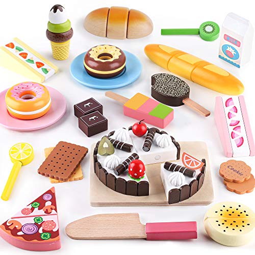 iPlay, iLearn Kids Wood Cutting Play Food Toys Set, Pretend Kitchen Cooking Baking Accessories W/ Wooden Cake Cookies Plate, Magnetic Slice Dessert, Birthday Gift for 3 4 5 6 Year Old Toddler Boy Girl