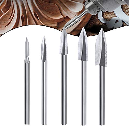 Wood Carving Tools, 5 PCS HSS Woodworking Tools for Rotary Tool, Engraving Drill Bit Set 1/8” Shank Universal Tool for DIY Carving Drilling Micro Sculpture Wood Crafts Grinding